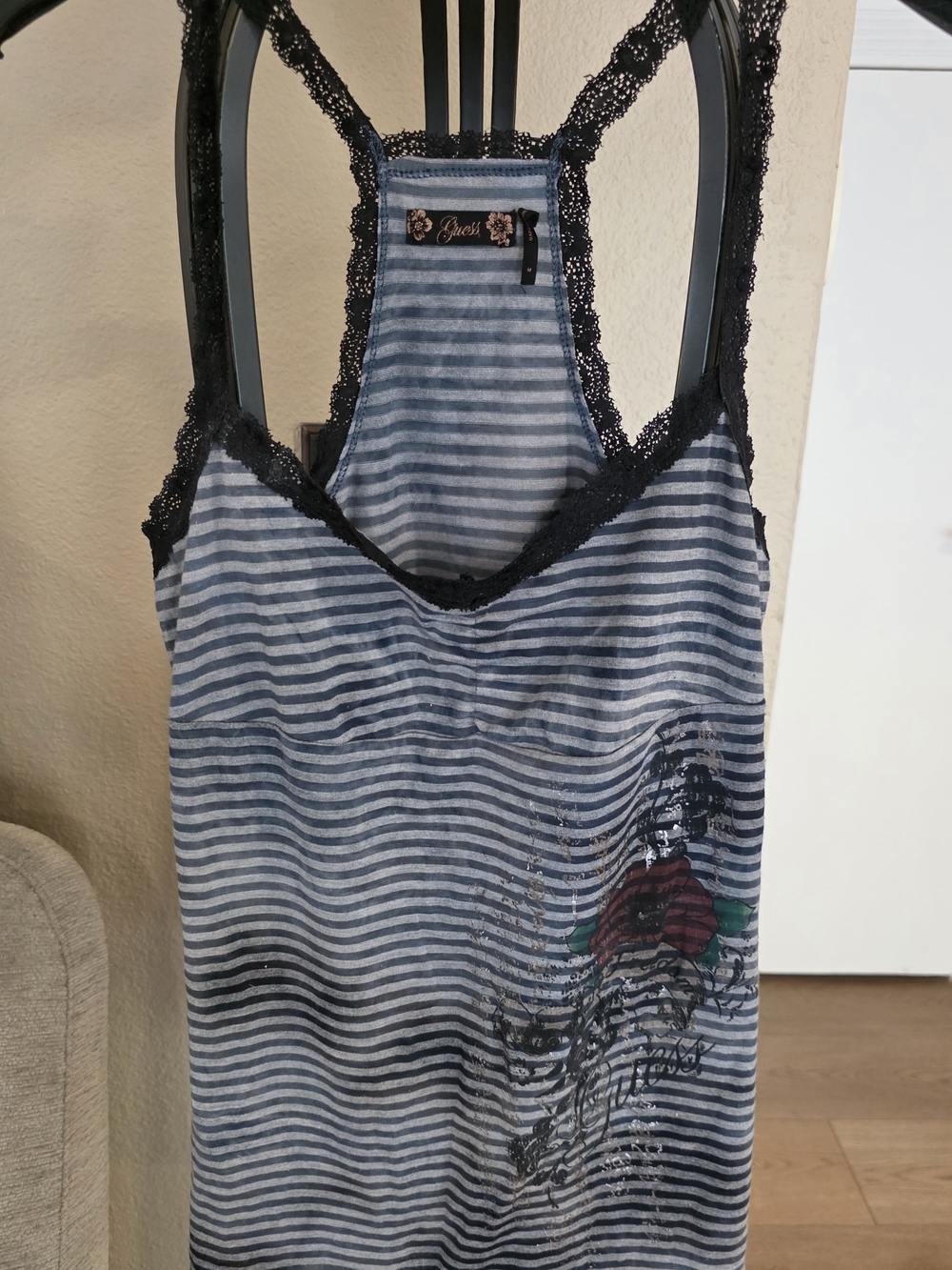 Guess Blue and Black Striped Lace-Trim Tank Top